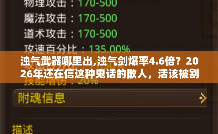 浊气武器哪里出,浊气剑爆率4.6倍?2026年还在信这种鬼话的散人,活该被割韭菜 浊气武器哪里出,浊气剑爆率4.6倍?2026年还在信这种鬼话的散人,活该被割韭菜